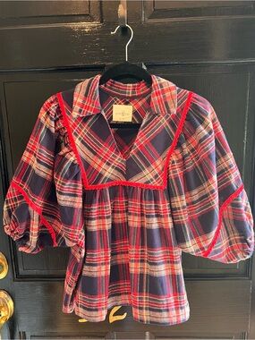 NWT, Umgee, Navy, Red & Cream Plaid Peasant Top with puff sleeves